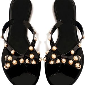 Black Jelly Sandals, Gold Rimmed w/ Studded Pearls🦪